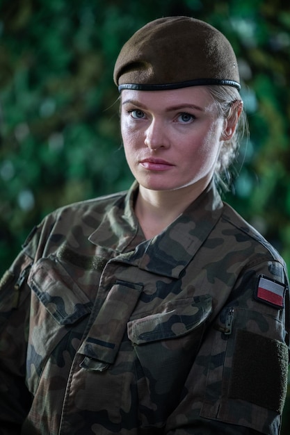 Portret młodej żołnierki w odzieży wojskowej podczas służby