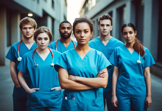 Zdjęcie portret młodych lekarzy specjalistów, pielęgniarek i personelu medycznego szpitala