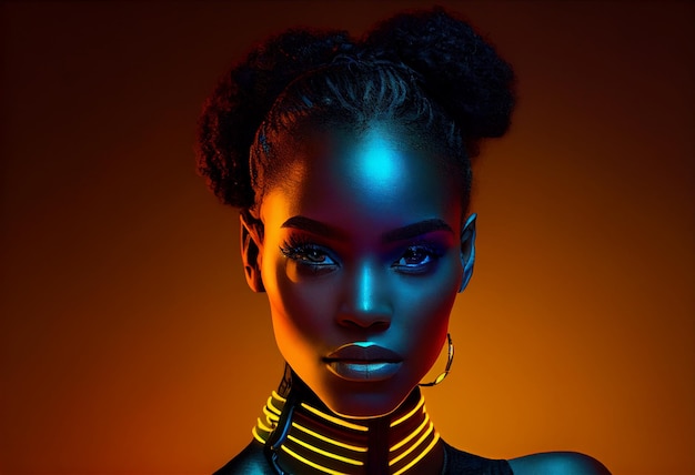Portret moda piękna czarna kobieta patrzy na kamerę w neonowym oświetleniu studyjnym Generuj Ai