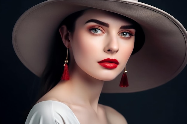 Portret modelki w kapeluszu z makijażem Generative AI