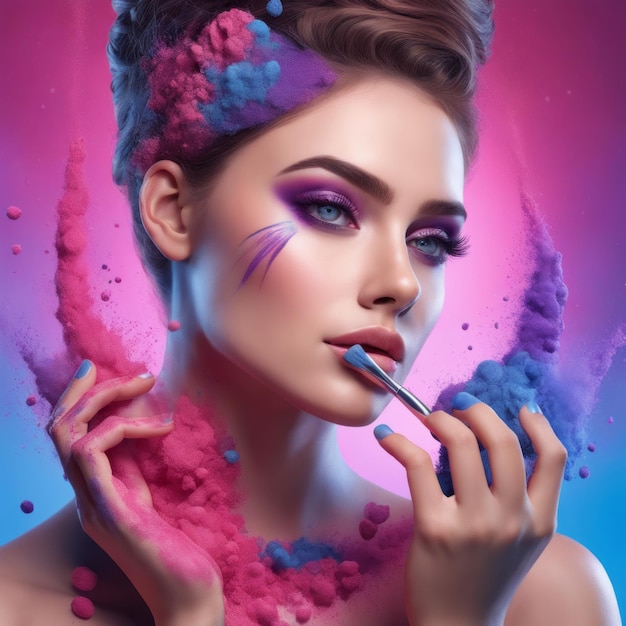 Portret modelki z kolorowym makijażem w proszku Piękna kobieta z jasnym makijażem