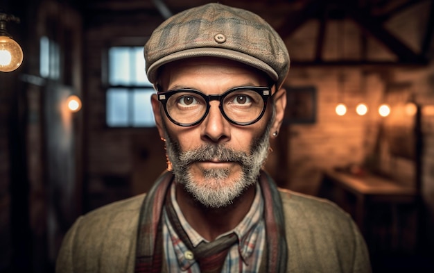 Portret modnego hipstera w jego mieszkaniu