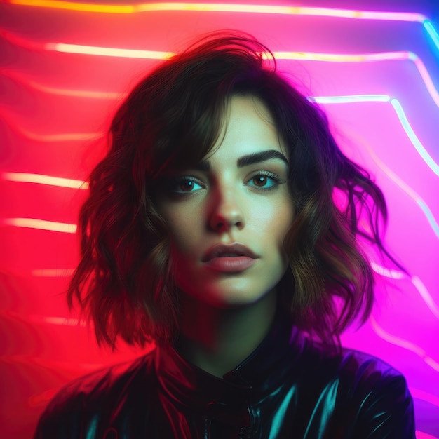 Portret mody kobiety na abstrakcyjnym kolorowym tle Modelka patrząc na kamery neon kolorowe oświetlenie Utworzono za pomocą Generative AI