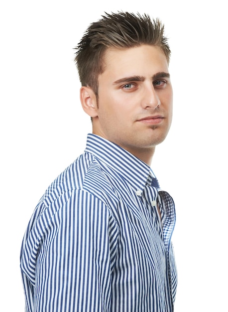 Portret mody lub koszuli z paskami i mężczyzny w studiu izolowany na białym tle dla stylu Model twarzy i fryzura z pewną siebie młodą osobą w modnych ubraniach strój lub strój biznesowy