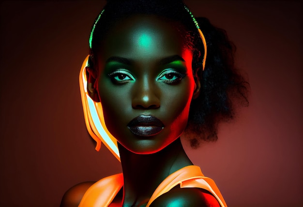 Portret mody piękna czarna kobieta patrzy na kamerę w neonowym oświetleniu studyjnym AI Generated