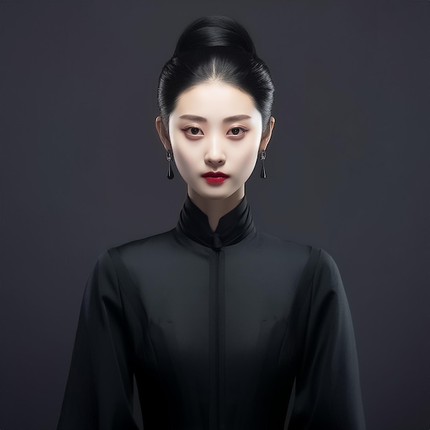 Portret mody pięknej chińskiej kobiety w abstrakcyjnych czarno-białych ubraniach generowany przez AI