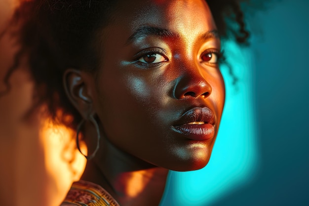 Portret mody przedstawiający zbliżenie twarzy afroamerykańskiej kobiety na żywym niebiesko-żółtym tle