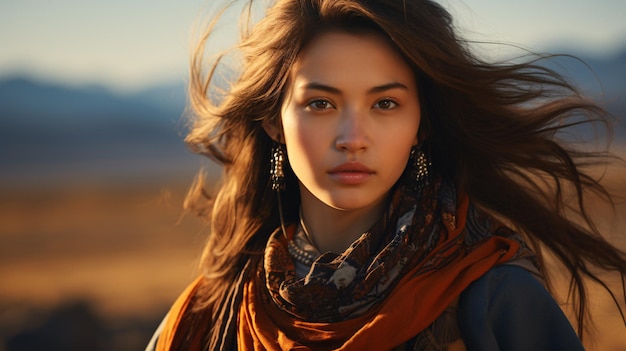 Portret mongolskiego młodzieńca w zwyczajowym stroju z widocznym tułowiem