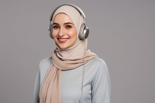 portret muzułmańskiej kobiety noszącej słuchawki i uśmiechającej się do kamery