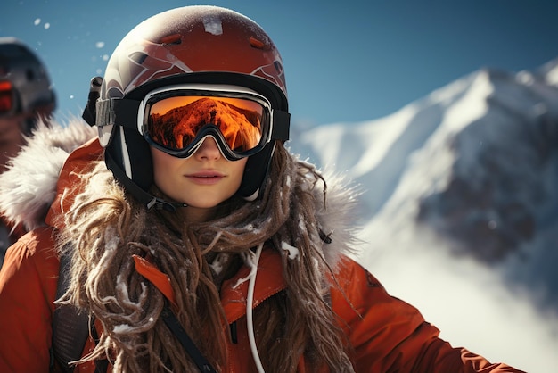 Portret narciarki snowboardzistki w kasku i okularach zimą w górach