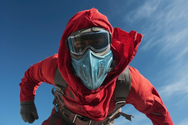 Portret narciarza w czerwonej kurtce i masce Odważny spadochroniarz na świeżym powietrzu z twarzą pokrytą maskami