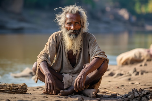 Zdjęcie portret niezidentyfikowanego biednego mężczyzny nad rzeką generative autor: ai