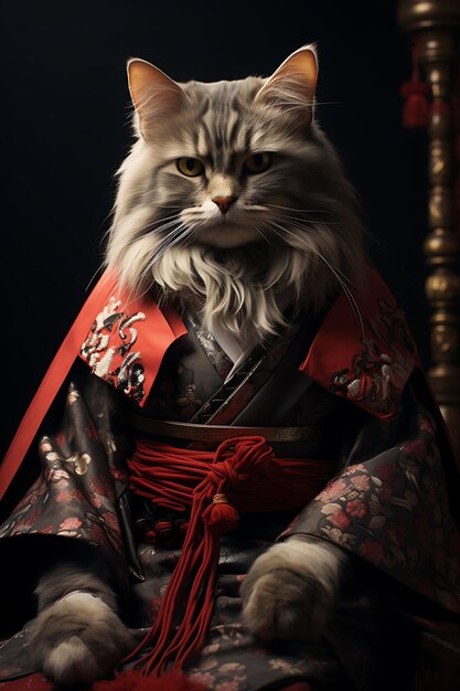 Portret norweskiego kota leśnego ubranego jako samuraj dla japońskiego festiwalu F Pet
