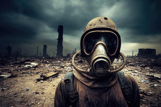 Portret ocalałego stalkera w hazmacie i noszącego starą maskę gazową na tle apokaliptycznego tła