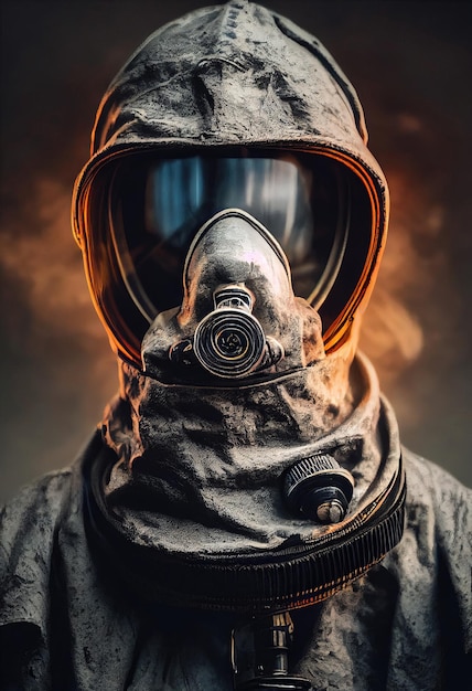 Portret ocalałego stalkera w starej masce gazowej na apokaliptycznym tle