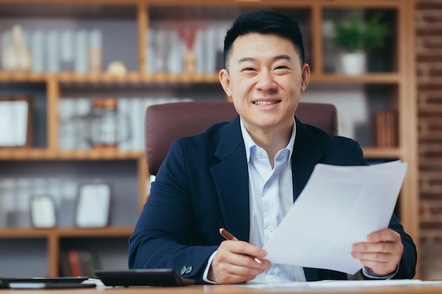 Portret odnoszącego sukcesy biznesmena Azjatycka papierkowa robota patrzy w kamerę i uśmiecha się, trzyma dokument i podpis, mężczyzna pracuje przy stole w nowoczesnym biurze
