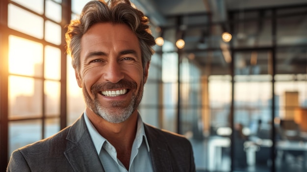 Portret odnoszącego sukcesy biznesmena uśmiechającego się w biurze