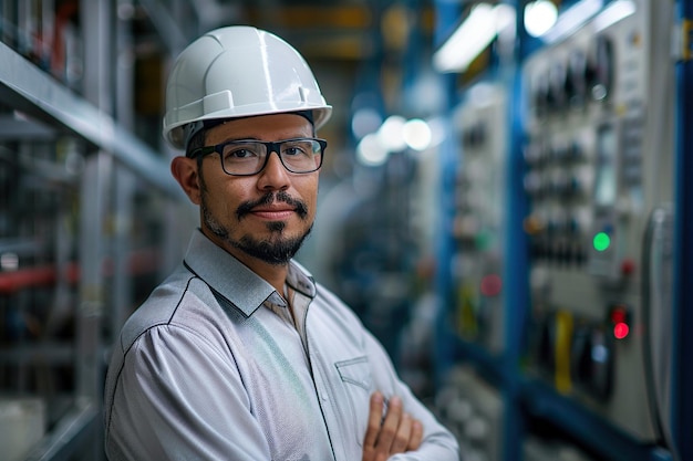 Portret odnoszącego sukcesy hiszpańskiego inżyniera noszącego biały kapelusz w fabryce elektroniki Specjalista przemysłu ciężkiego myślący o zaawansowanych projektach technologicznych w produkcji