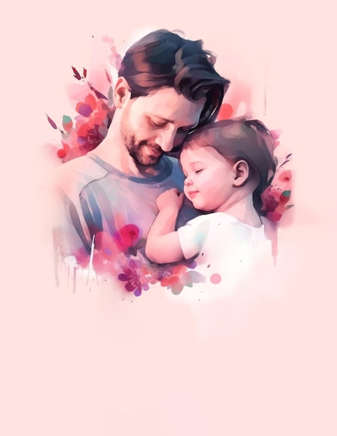 Portret ojca i jego córki w ramionach w stylu akwareli na post w mediach społecznościowych z okazji Dnia Ojca z przestrzenią do kopiowania generowaną przez sztuczną inteligencję