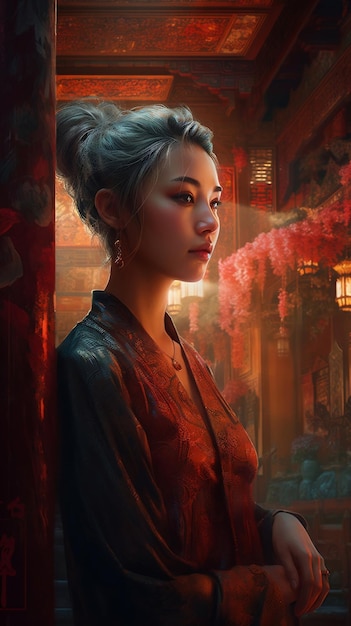 Zdjęcie portret orientalnej kobiety z czerwoną szatą generacyjna sztuczna inteligencja