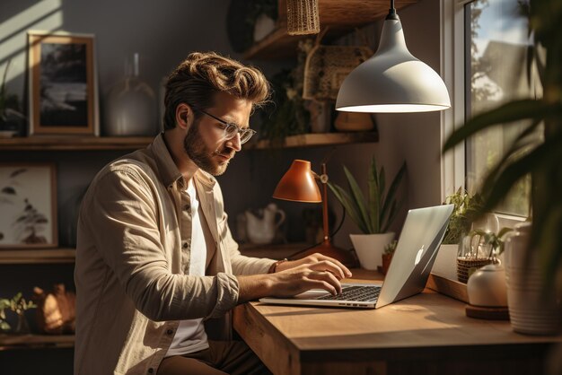 portret osoby używającej laptopa w pokoju z biurkiem