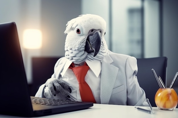 Zdjęcie portret papugowego biznesmena z krawatem w biurze