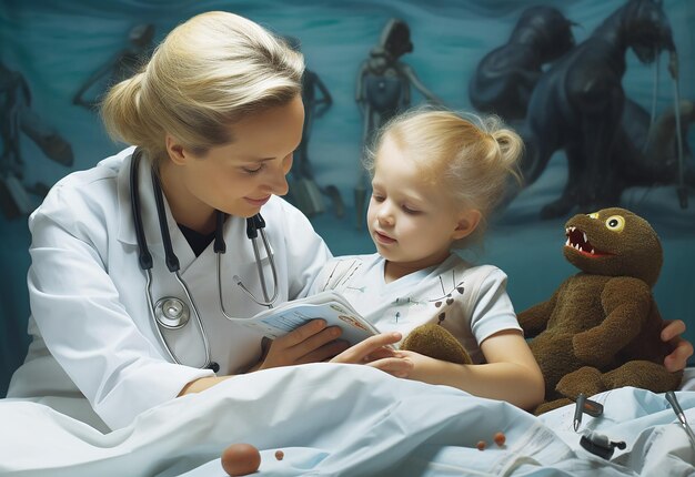 Portret Pediatrów Z Stetoskopem Sprawdzających Dziecko I Trzymających Zabawkę Z Pluszowym Niedźwiedziem