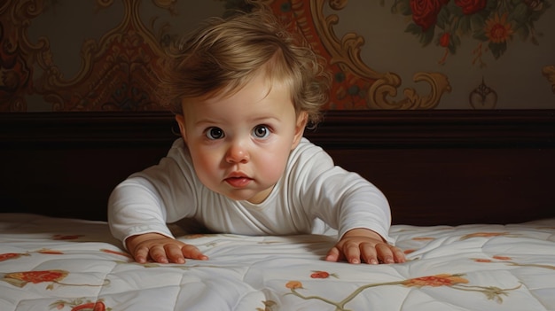 Portret pełzającego dziecka na łóżku w jej pokoju