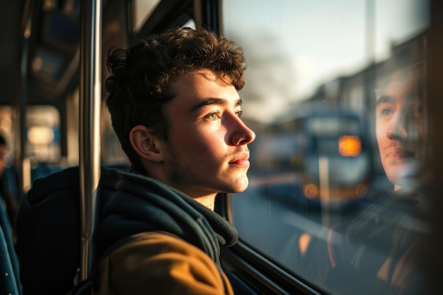 Portret pewnego młodego mężczyzny jadącego autobusem