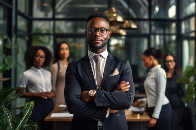 Portret pewnego siebie afroamerykańskiego biznesmena z skrzyżowanymi ramionami stojącego w nowoczesnym biurze Afroamerykański biznesmen Szef z grupą ludzi biznesu w kreatywnym biurze generowanym przez AI