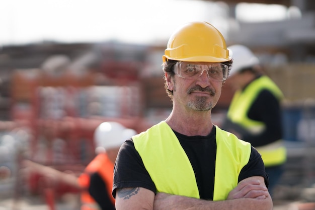 Portret pewnego siebie architekta na placu budowy