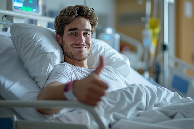 Portret pewnego siebie i szczęśliwego pacjenta z rakiem pokazującego kciuki w szpitalnym łóżku z niewyraźnym tłem i dużą przestrzenią dla tekstu lub produktu Generatywna sztuczna inteligencja