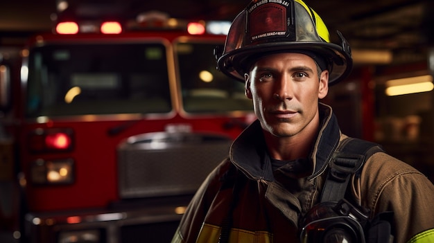 Portret pewnego strażaka stojącego przed ścianą z ogniem