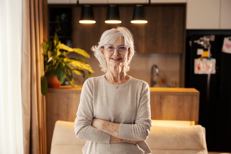 Zdjęcie portret pewnej siebie starszej kobiety z skrzyżowanymi ramionami uśmiechającej się do kamery w przytulnym domu