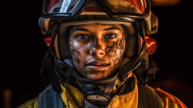 Portret pewnej siebie, twardej strażakki stojącej przed wozem strażackim