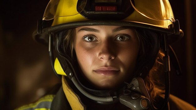 Portret pewnej siebie, twardej strażakki stojącej przed wozem strażackim