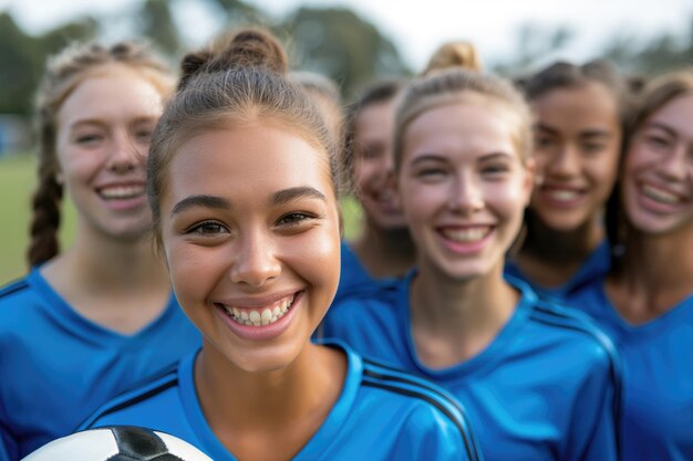 Zdjęcie portret pewnej siebie, uśmiechniętej młodej piłkarki w niebieskiej koszulce z kolegami z drużyny w tle pokazujący jedność i pozytywną dynamikę zespołu