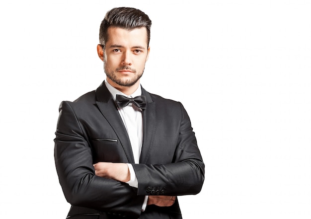 Portret Pewność Przystojny Mężczyzna W Czarnym Kolorze Z Bowtie