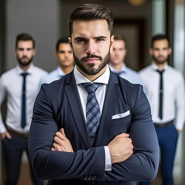 Portret pewny siebie młody biznesmen stojący z rękami skrzyżowanymi w biurze