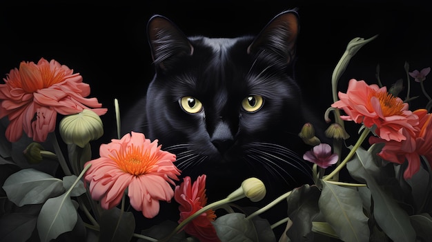 portret pięknego czarnego kota i kwiatów na ciemnym tle
