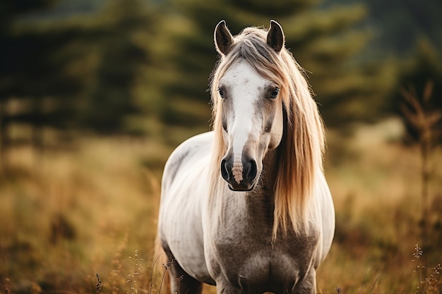 Portret pięknego konia z długą grzywą na polu