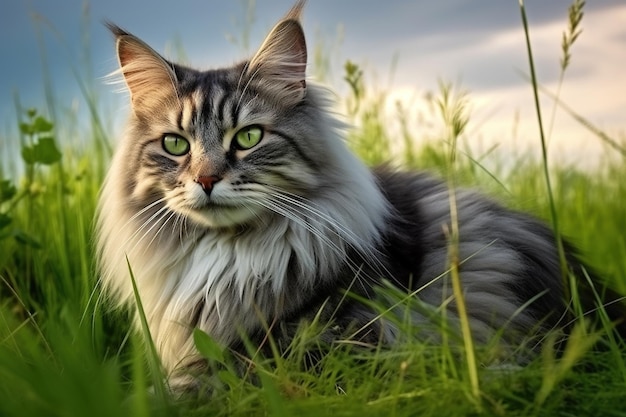 Portret pięknego kota syberyjskiego na zielonej trawie