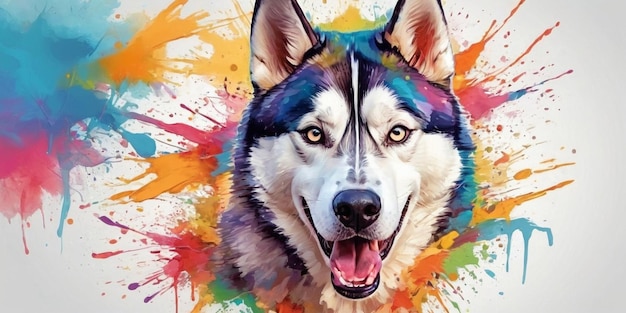 Portret pięknego psa husky z kolorowymi plamkami farby