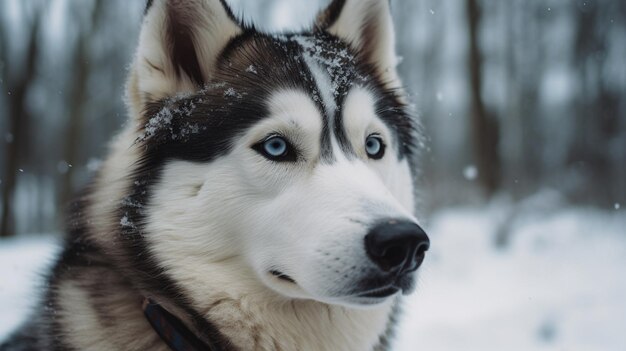 Portret pięknego psa Siberian Husky w zimowym leśnym generatywnym ai