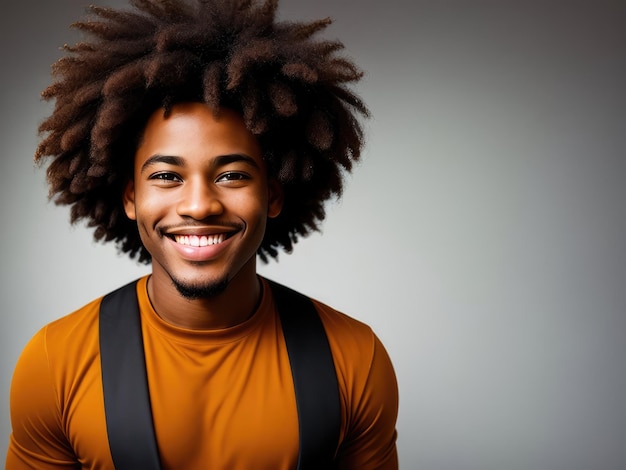 Portret pięknego, wesołego Afroamerykanina z latającymi kręconymi włosami uśmiechającego się, śmiejącego się na ciemnym tle