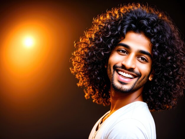 Portret pięknego, wesołego Indianina z latającymi kręconymi włosami, uśmiechającego się, śmiejącego się na ciemnym tle