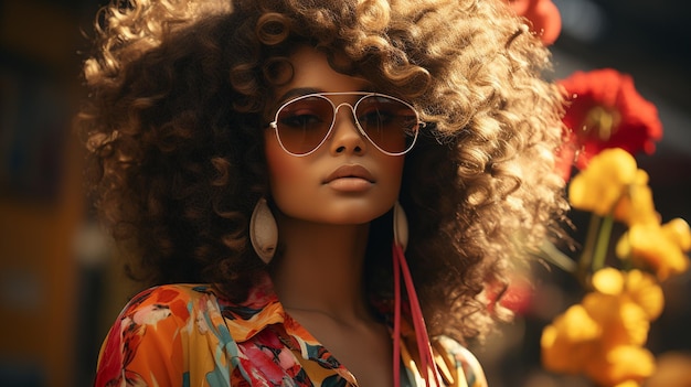 portret pięknej Afroamerykanki w stylowych ubraniach pozujących przed kamerą w mieście