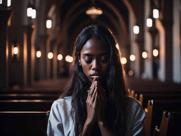Portret pięknej afroamerykańskiej kobiety modlącej się w kościele