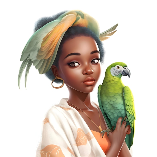 Zdjęcie portret pięknej afroamerykańskiej kobiety z zieloną papugą