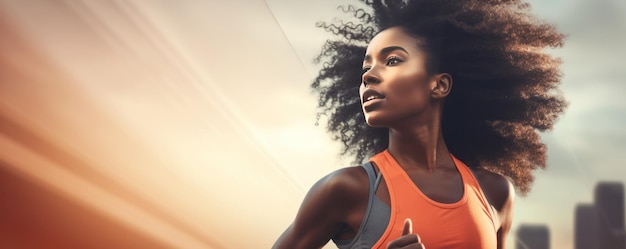 Portret pięknej afroamerykańskiej sportowej kobiety trenującej na świeżym powietrzu Ai generatywny